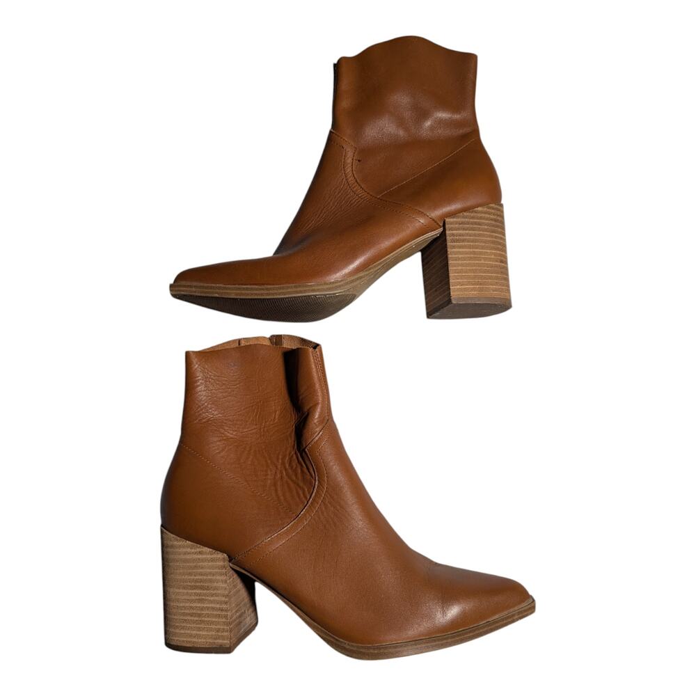 Steve Madden Cate Cognac Brown Leather Pointed Toe Block Heel Ankle Boots Sz 11
